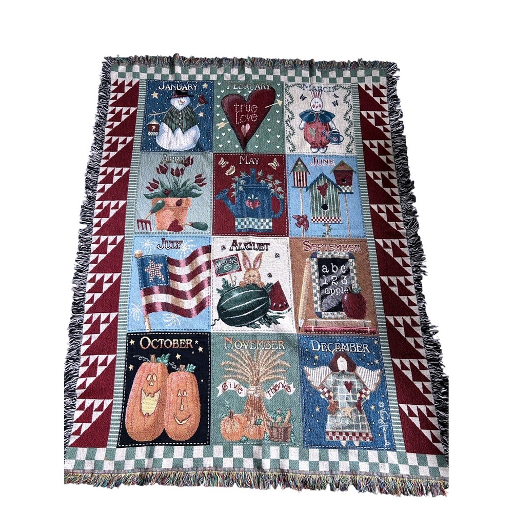 VTG Vicky Howard 12 Months Calendar Woven Tapestry Blanket Multicolor Folk Art